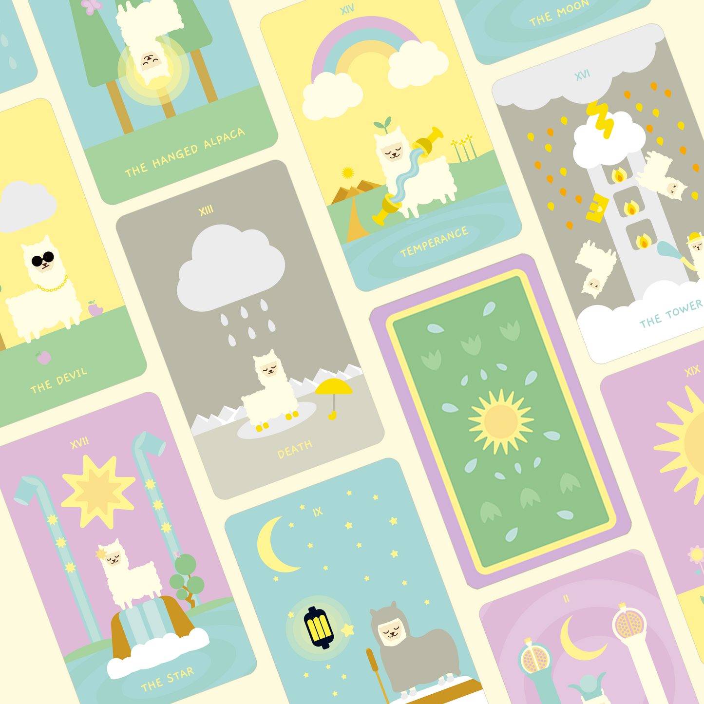 example of alpaca tarot cards, temperance, death card, the star, the tower, hanged man, the devil